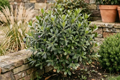 Pittosporum Kohuhu planté en bordure de jardin devant un mur en pierre, avec ses feuilles bicolores vert foncé et argentées et ses petites fleurs violet-noir