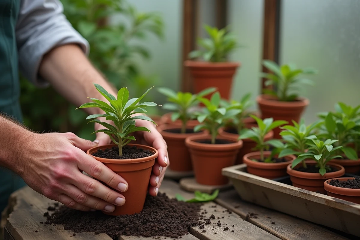 Mains expérimentées plantant une bouture de pivoine dans un pot en terre cuite avec du terreau spécial