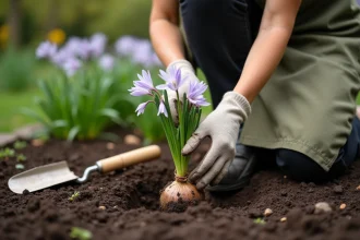Femme plantant un bulbe d'agapanthe dans un trou du jardin avec une truelle, illustrant la profondeur de plantation recommandée