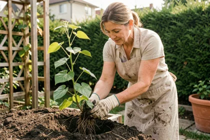 Jardinière plantant un jeune plant de kiwi dans un jardin avec treillis en bois