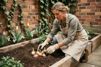 Femme qui plante des bulbes de tulipes dans un petit jardin urbain délimité par des planches en bois