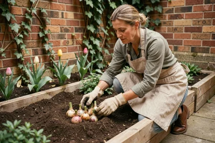 Femme qui plante des bulbes de tulipes dans un petit jardin urbain délimité par des planches en bois