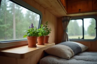 Plantes anti-mouches en pots sur une étagère en bois à l'intérieur d'un van aménagé avec lavande, basilic et menthe