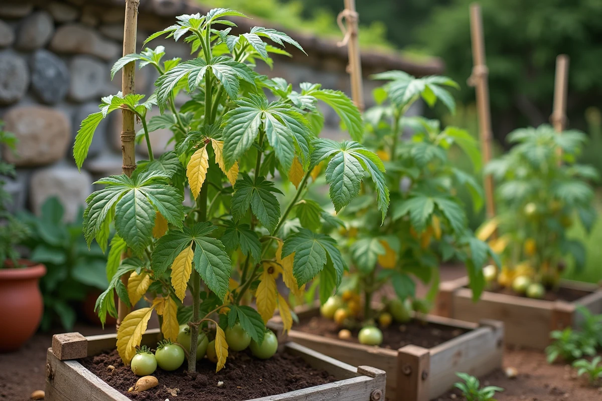 Plants de tomates avec feuilles jaunissantes dans un potager surélevé en bois en fin d'été