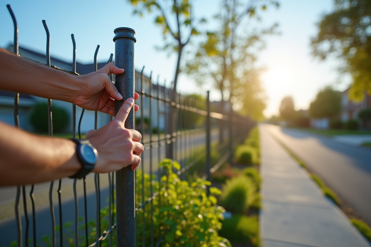 Mains fixant un panneau de clôture métallique sur un poteau