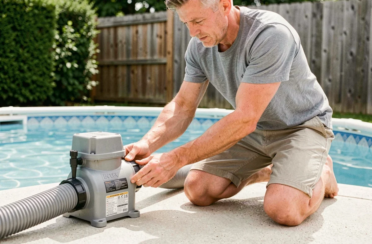 Pose du tuyau flexible entre la pompe Intex et le skimmer par un particulier dans son jardin