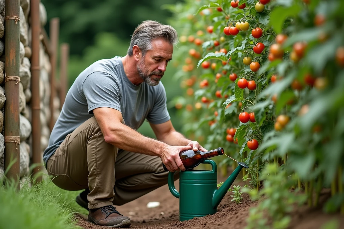 Homme préparant un engrais liquide pour tomates à diluer dans un arrosoir au milieu d'un potager abondant