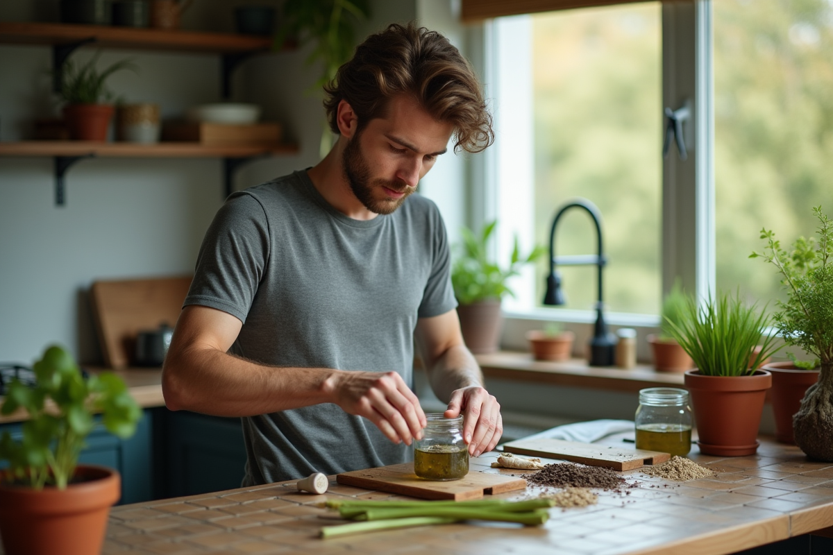 Jeune homme préparant une solution de boutures dans la cuisine