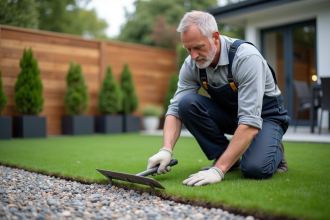 Homme en tenue de travail nivelant du gravier dans un jardin