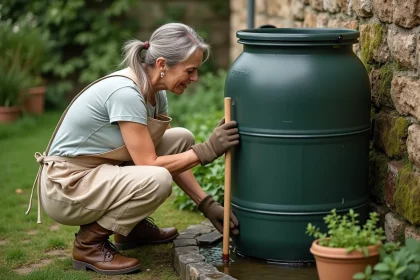 Femme purifiant naturellement l'eau de pluie dans un récupérateur installé dans un jardin en pierre