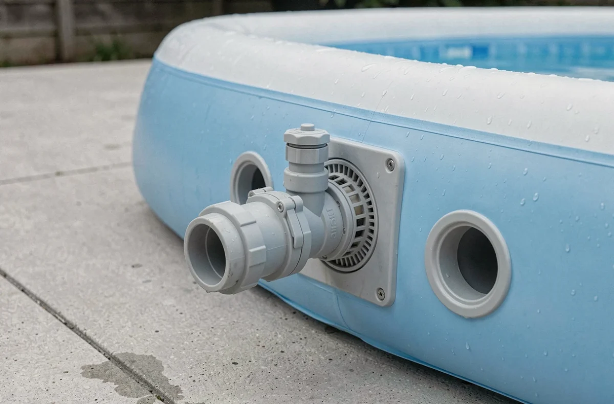 Gros plan sur le raccordement skimmer et prise balai d'une pompe de filtration piscine Intex