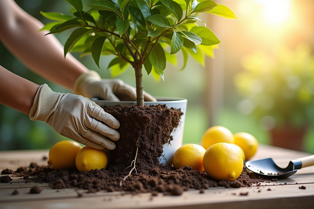 Gros plan sur racines de citron dans un pot blanc avec outils de jardinage
