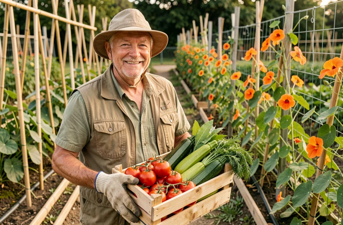 Jardinier âgé tenant une caisse de légumes fraîchement récoltés dans un jardin associatif