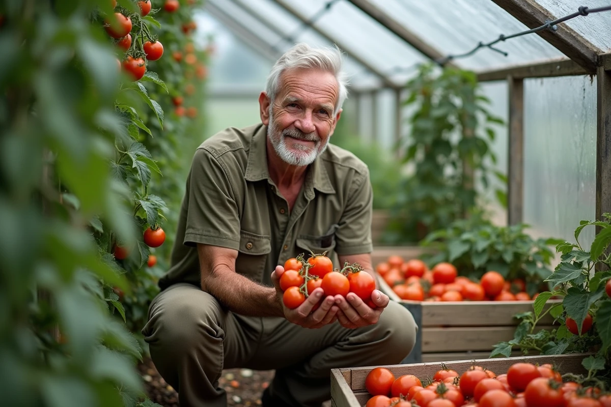 Homme récoltant des tomates mûres dans une serre avec une caisse en bois