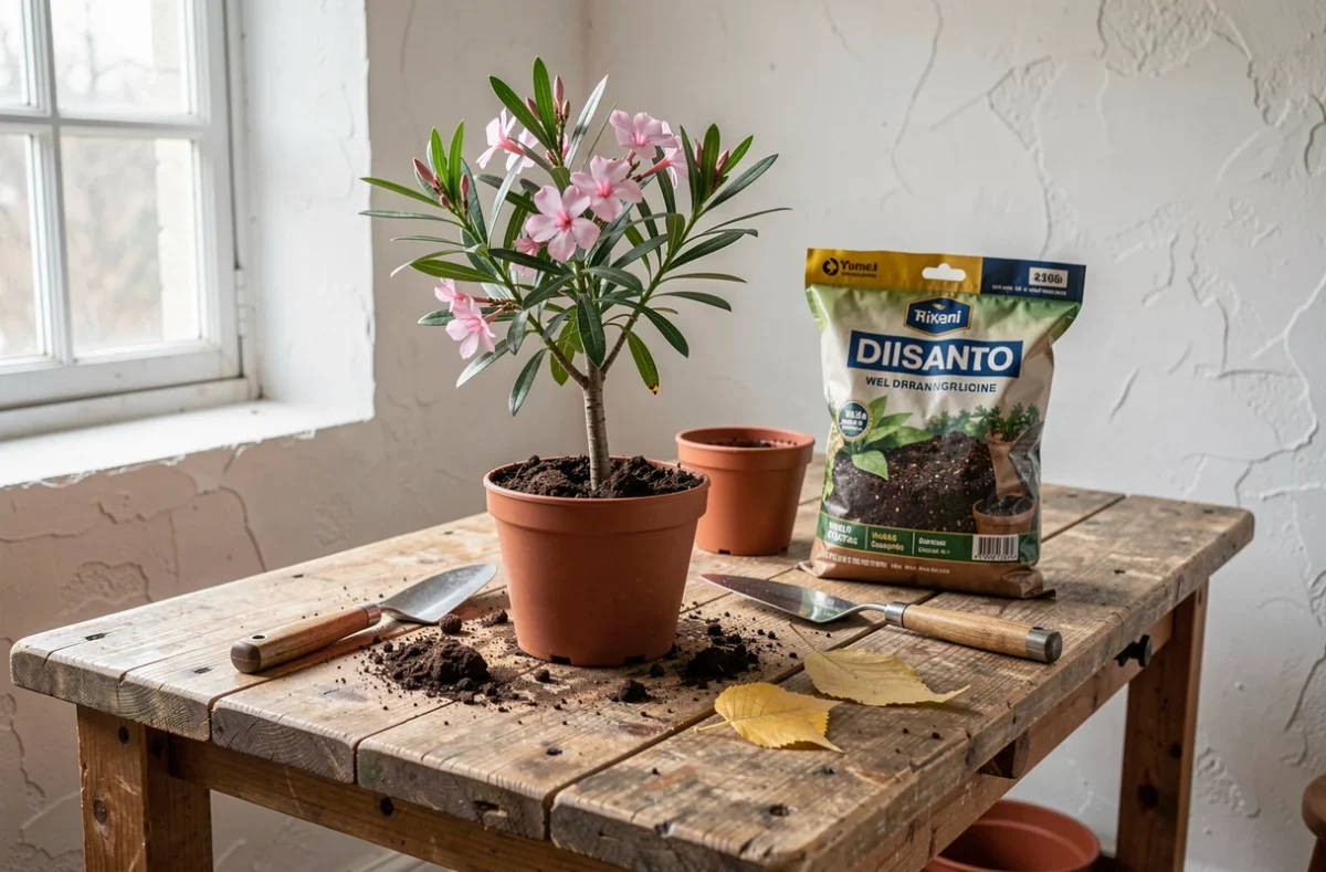 Plan de rempotage avec laurier rose en pot, feuilles jaunes et outils de jardinage sur un établi en bois