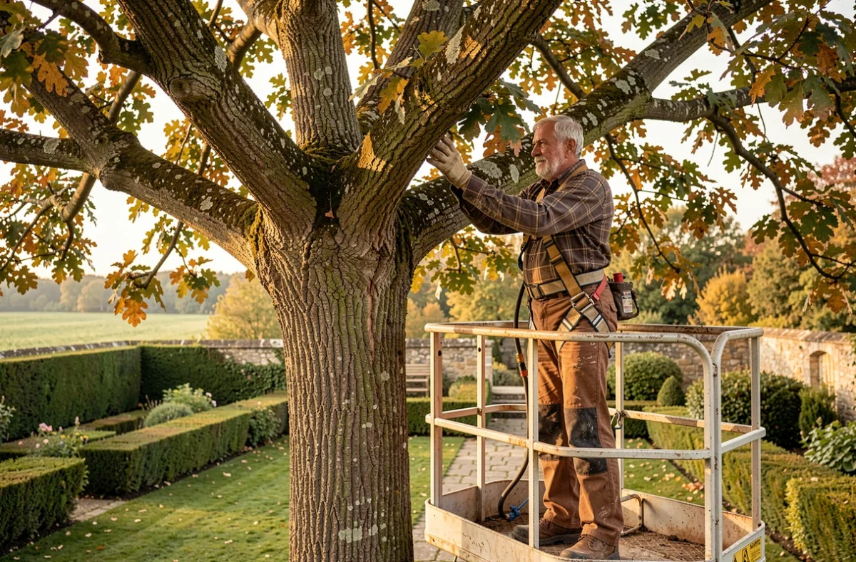 Arboriste senior de Robert Élagage inspectant la couronne d'un chêne depuis une nacelle dans un jardin de campagne en Haute-Garonne