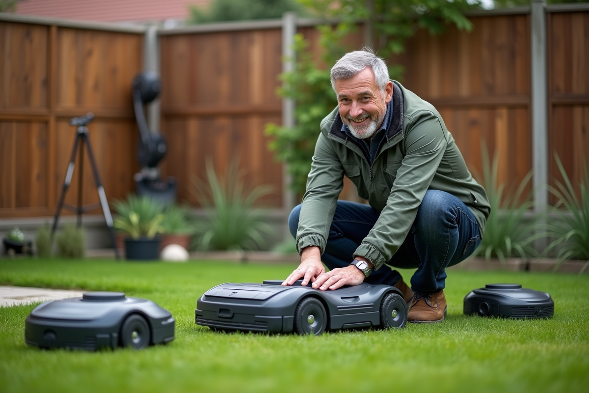 Homme d'âge moyen ajustant une tondeuse robot dans son jardin