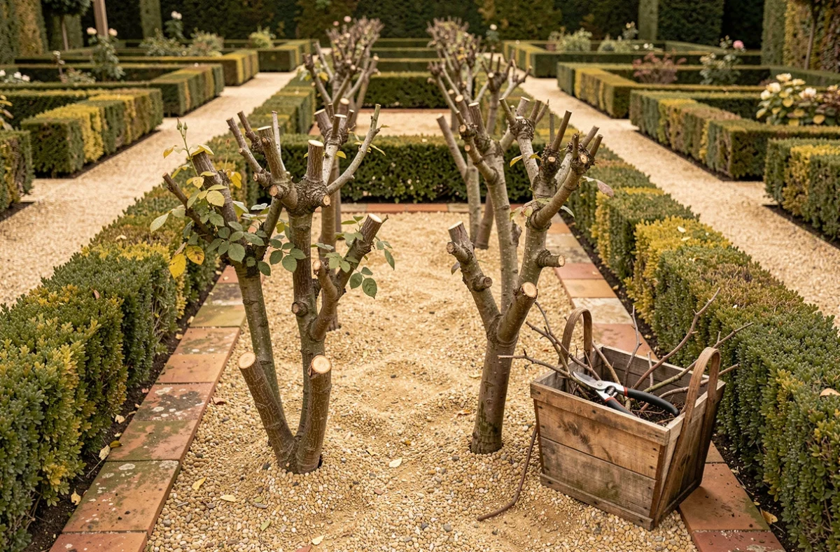 Rosiers taillés dans un jardin à la française avec panier en bois et sécateur au repos, coupes nettes sur tiges courtes après taille hivernale