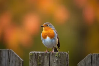 Rouge-gorge perché sur un vieux piquet de jardin en bois moussu, plumage roux détaillé sur fond de feuilles d'automne en bokeh