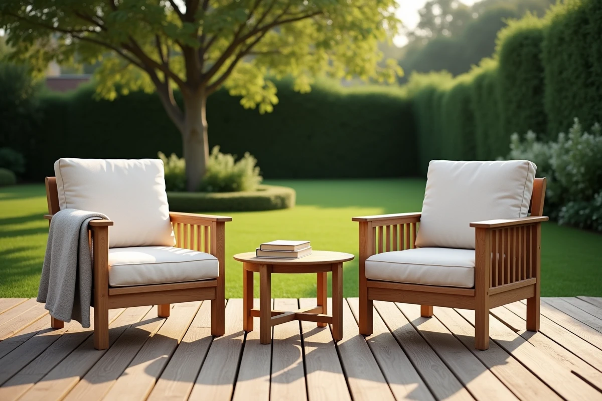 Deux fauteuils jardin en teck face à face sur une terrasse en bois avec plaid et table basse ronde