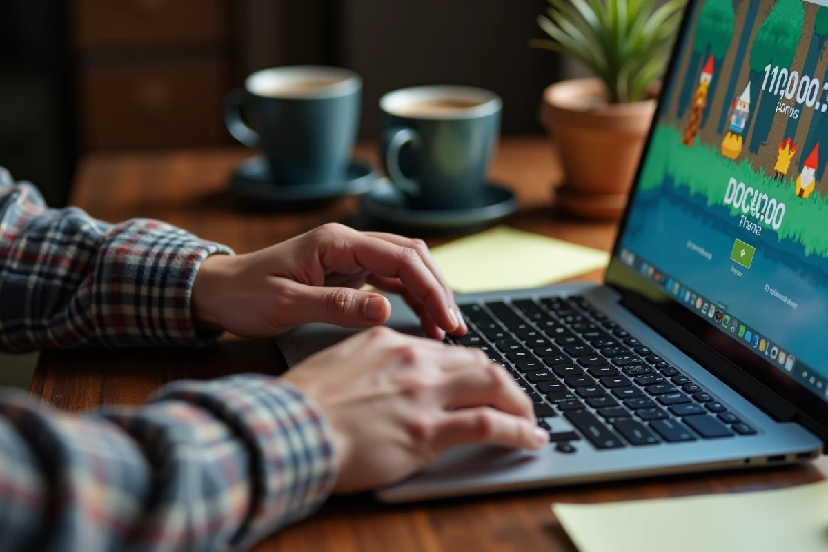 Mains d'un joueur sur laptop affichant un score proche de 100 000 points au jeu du nain de jardin Google