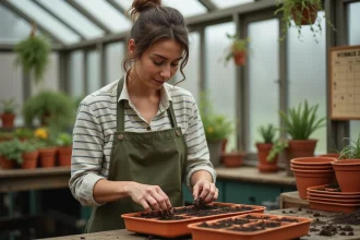 Femme semant des tomates dans des bacs en terre cuite sur un établi en bois dans une serre domestique avec un calendrier mural annoté