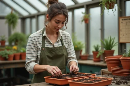 Femme semant des tomates dans des bacs en terre cuite sur un établi en bois dans une serre domestique avec un calendrier mural annoté