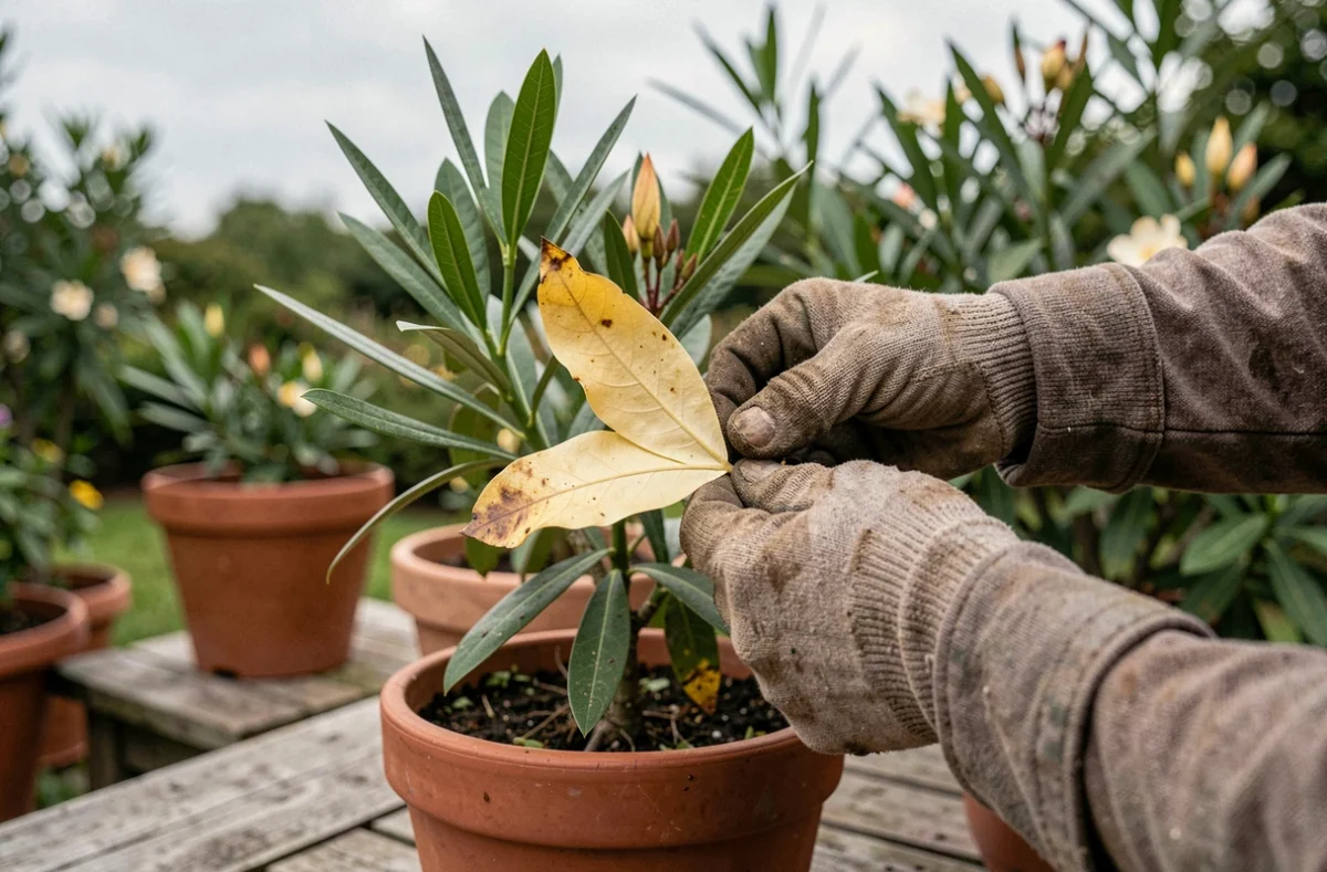 Mains de jardinière retirant une feuille jaune d'un laurier rose en pot dans un jardin