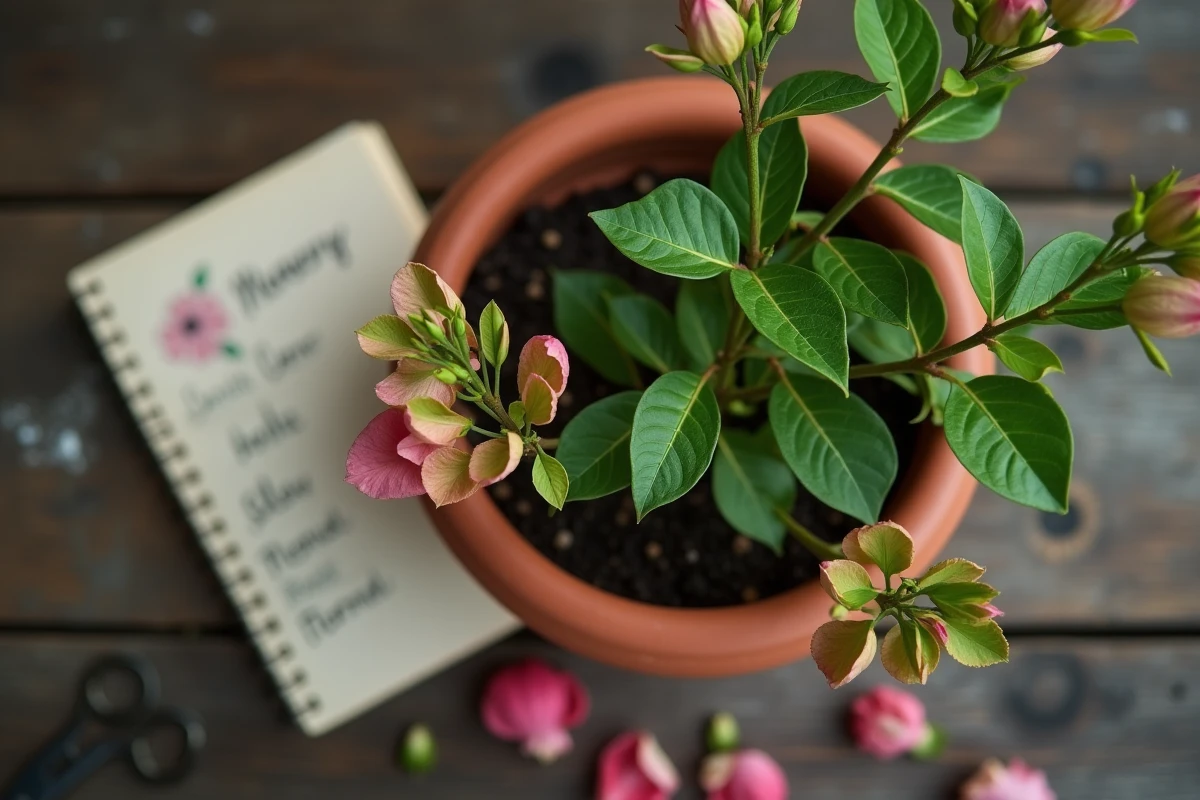Vue du dessus d'un bougainvillier en pot avec un carnet de soins mensuel sur une table de jardin en bois