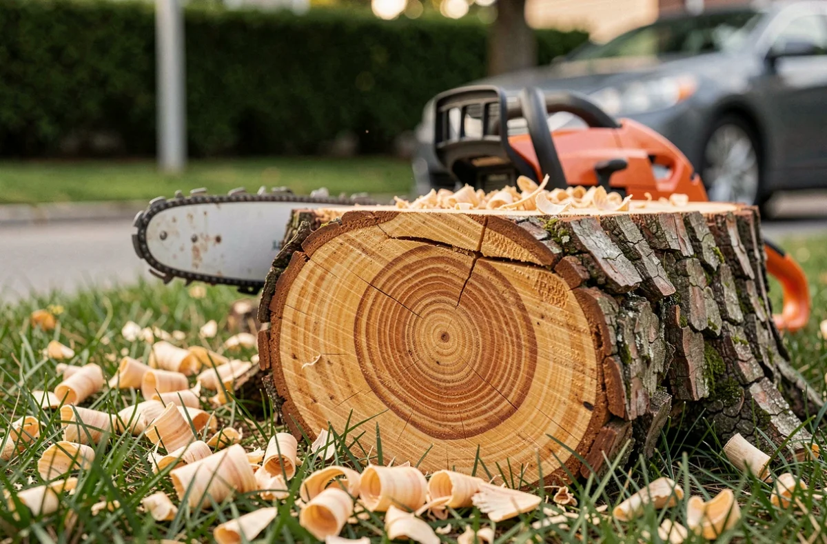 Gros plan sur une souche d'arbre fraîchement coupée avec anneaux de croissance visibles dans un jardin résidentiel