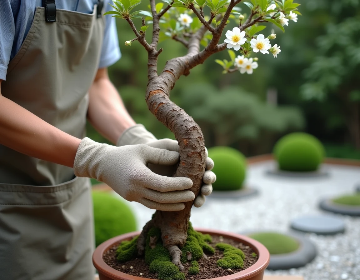 Jardinier taillant un Stewartia pseudocamellia dans un jardin japonais minimaliste avec graviers et pas japonais