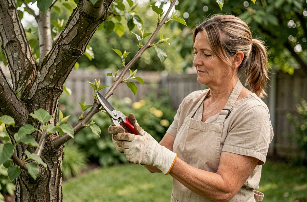 Femme taillant doucement un mûrier avec des sécateurs dans un jardin verdoyant au printemps