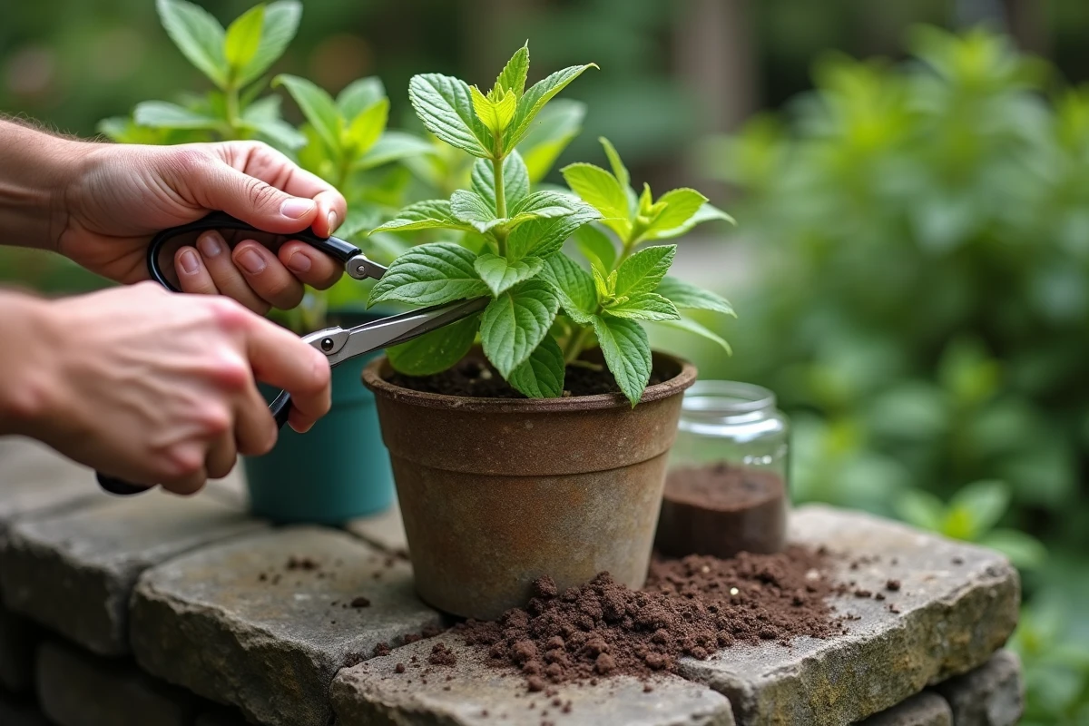 Mains taillant les feuilles de menthe noircies avec des ciseaux de jardinage et une solution naturelle posée à côté