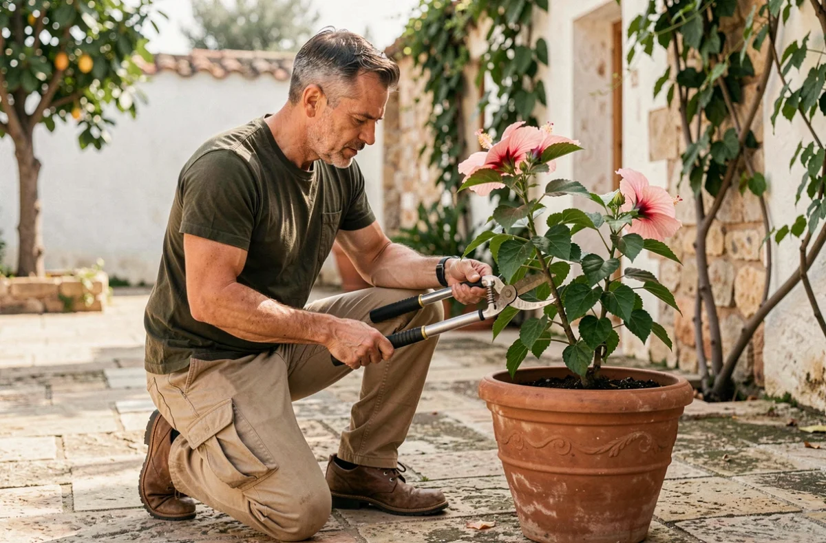 Homme qui utilise un élagueur à long manche pour tailler un hibiscus en pot sur une terrasse en pierre