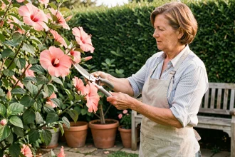 Femme qui taille un hibiscus dans son jardin avec un sécateur bypass professionnel