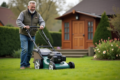 Homme d'âge moyen tondant la pelouse dans un jardin