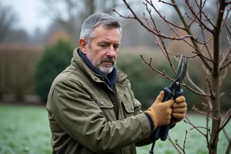 Jardinier taillant un prunus en hiver avec un sécateur sur un arbre aux branches nues