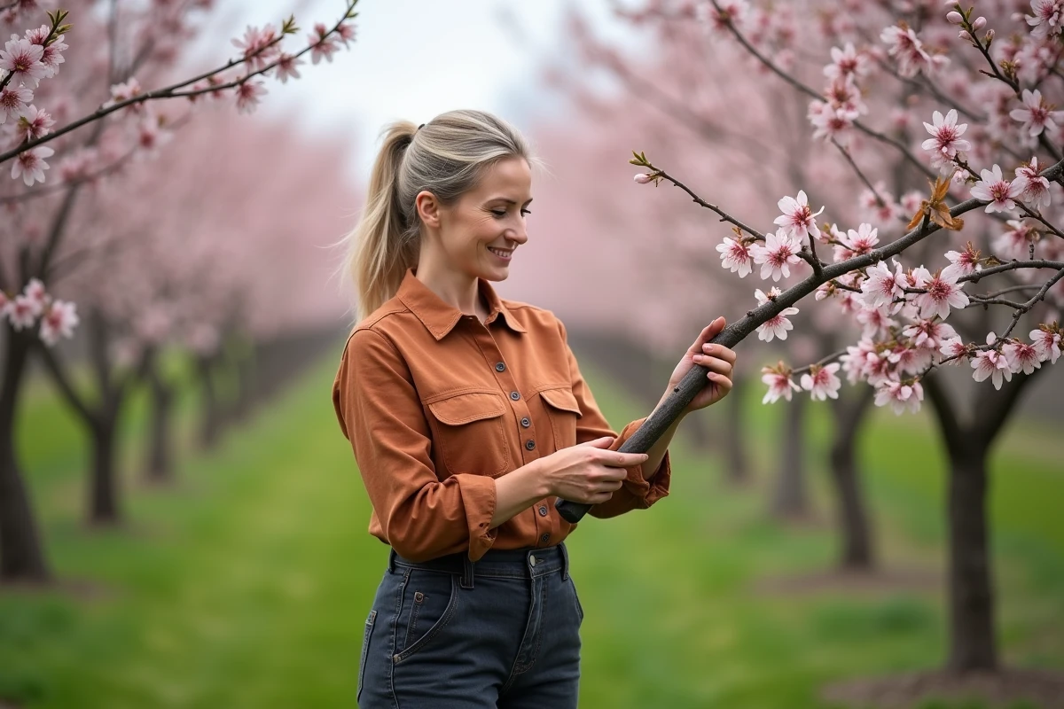 Femme inspectant une coupe de taille sur un prunus en fleurs au printemps dans un verger