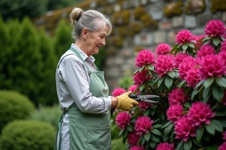 Femme jardinière taillant un rhododendron en fleurs dans un jardin résidentiel avec sécateur et gants de jardinage