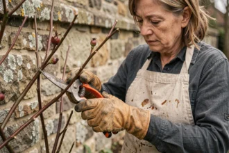 Femme qui taille un rosier grimpant avec un sécateur professionnel dans un jardin français, gros plan sur le geste de coupe au-dessus d'un bourgeon