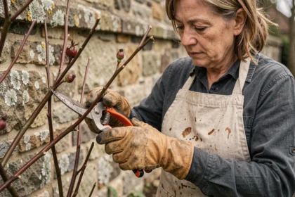 Femme qui taille un rosier grimpant avec un sécateur professionnel dans un jardin français, gros plan sur le geste de coupe au-dessus d'un bourgeon