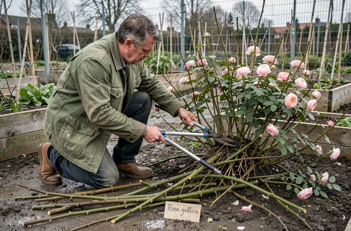 Jardinier qui taille des rosiers arbustifs dans un jardin partagé urbain, coupe du bois mort avec un élageur à long manche au printemps