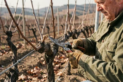 Viticulteur âgé taillant une vigne dormante avec des sécateurs dans un vignoble au début du printemps