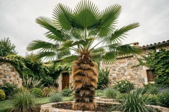 Palmier Trachycarpus fortunei adulte dans un jardin tempéré européen avec tronc fibreux et palmes en éventail