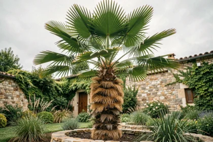 Palmier Trachycarpus fortunei adulte dans un jardin tempéré européen avec tronc fibreux et palmes en éventail