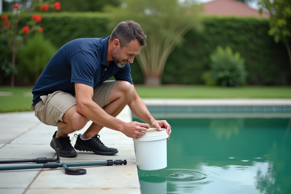Technicien de piscine versant du chlore choc dans une piscine verte pour traitement