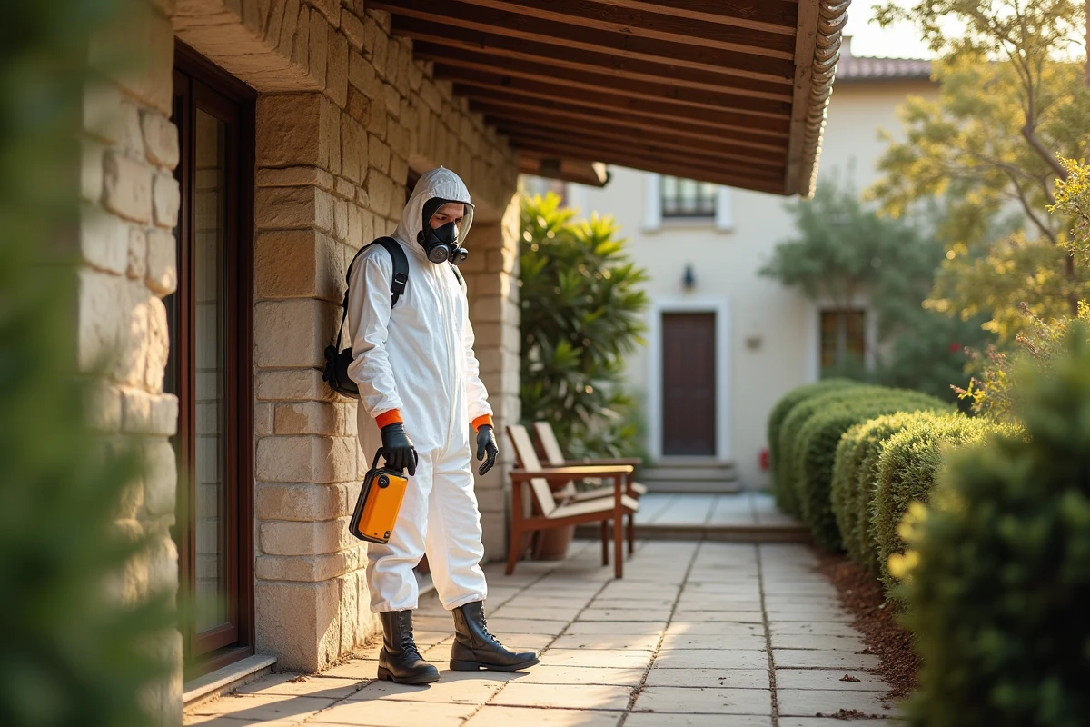 Professionnel en combinaison de protection traitant un nid de frelons asiatiques sur une terrasse résidentielle française