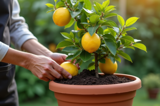 Personne transplantant un arbre de citron dans un pot extérieur