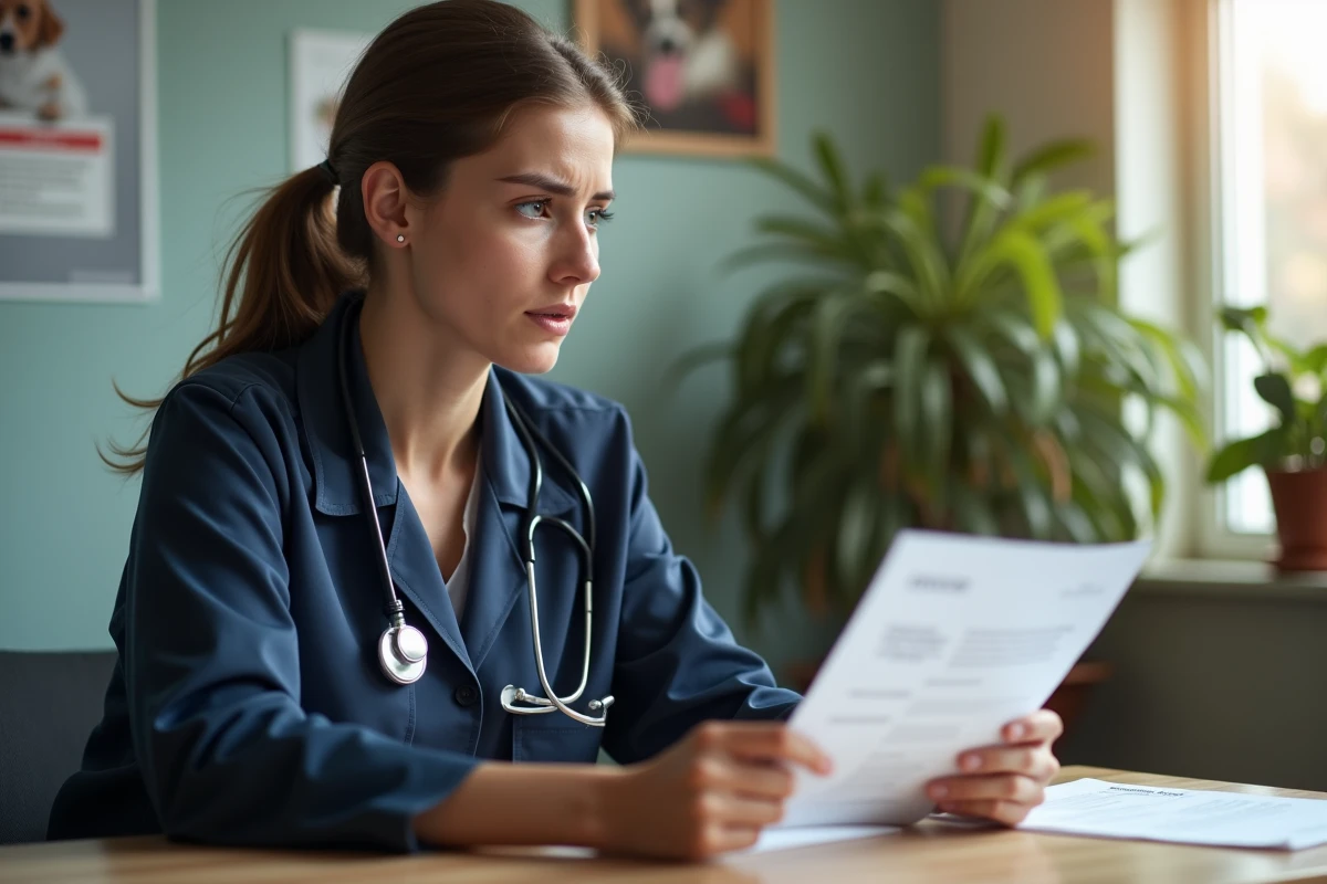 Veterinaire femme examinant un document sur la toxicite du castor
