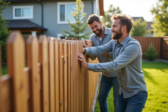 Voisins construisant une clôture en bois moderne entre leurs maisons